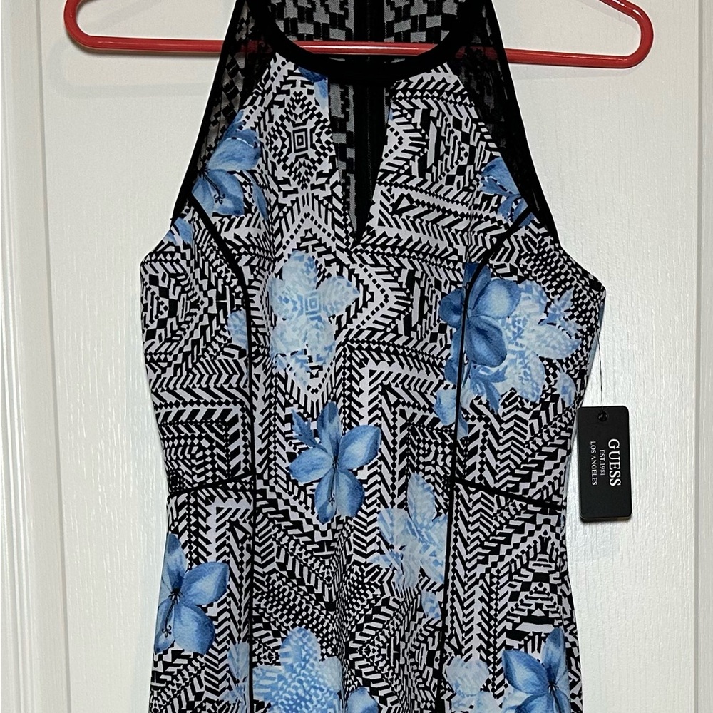 NWT—GUESS Halter-Style Black and White Patterned Dress With Blue Flowers